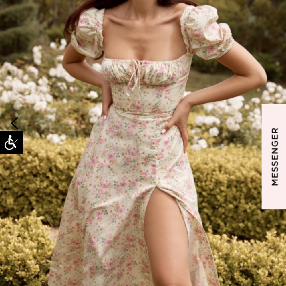 House of C.B Tallulah Dress. Lemon Floral Puff Sleeve Midi Dress